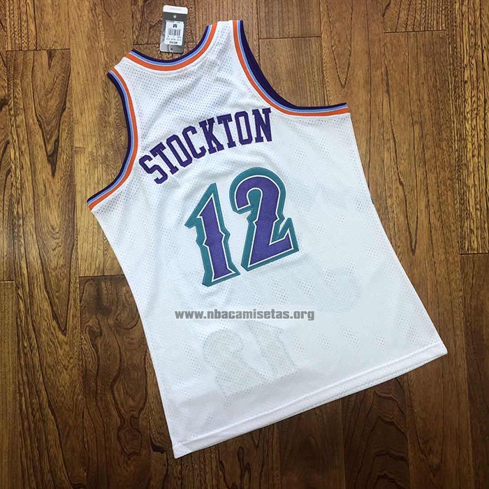 Camiseta Utah Jazz John Stockton NO 12 Hardwood Classics Throwback 1996-97 Blanco